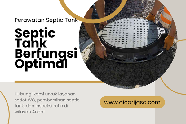 Gambar menunjukkan teknisi sedang melakukan pembersihan septic tank di wilayah Jabodetabek, termasuk Jakarta, Bogor, Depok, Tangerang, Tangerang Selatan, dan Bekasi, sebagai bagian dari layanan perawatan septic tank profesional.